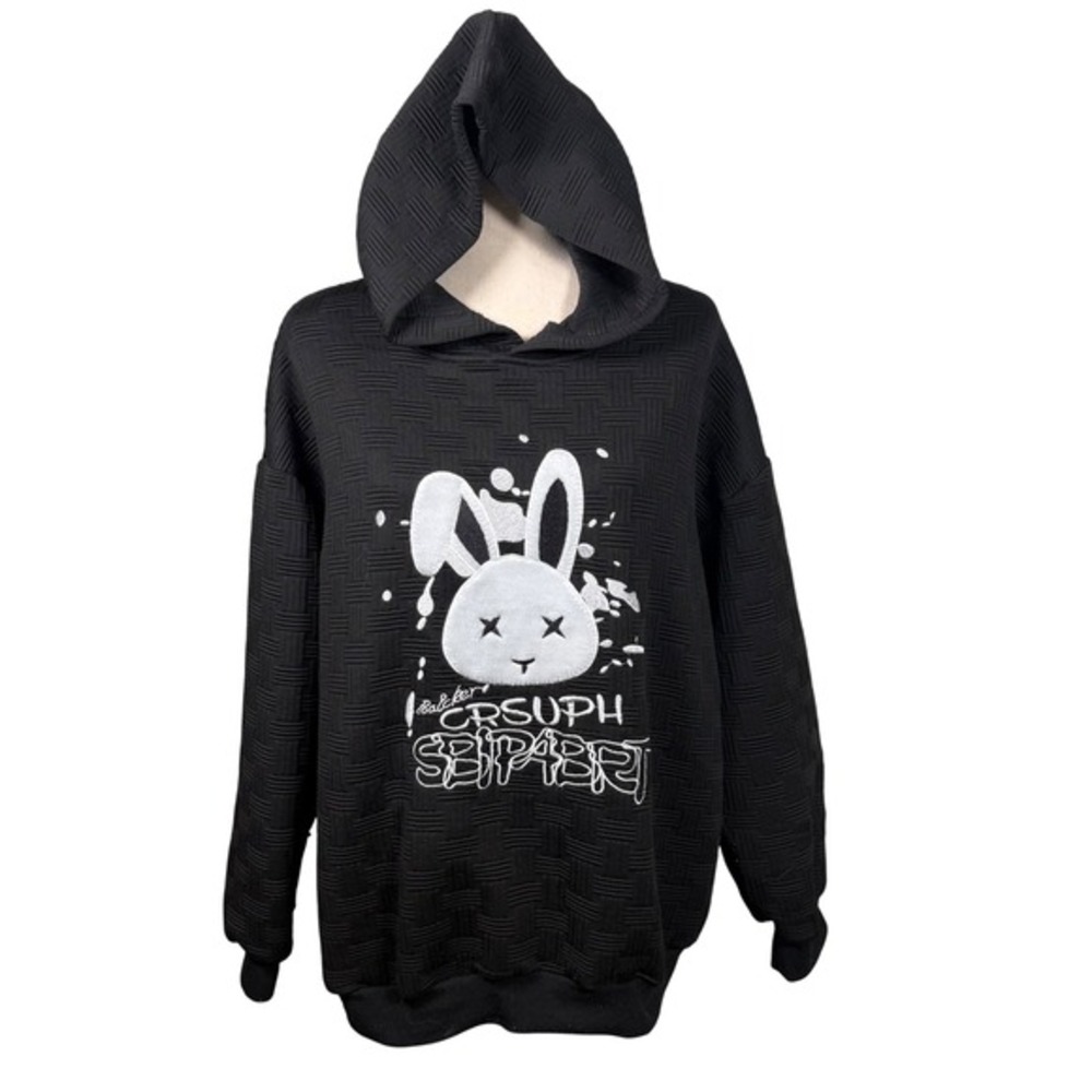 Black Textured Bunny Graphic Hoodie Long Sleeve Casual Streetwear‎